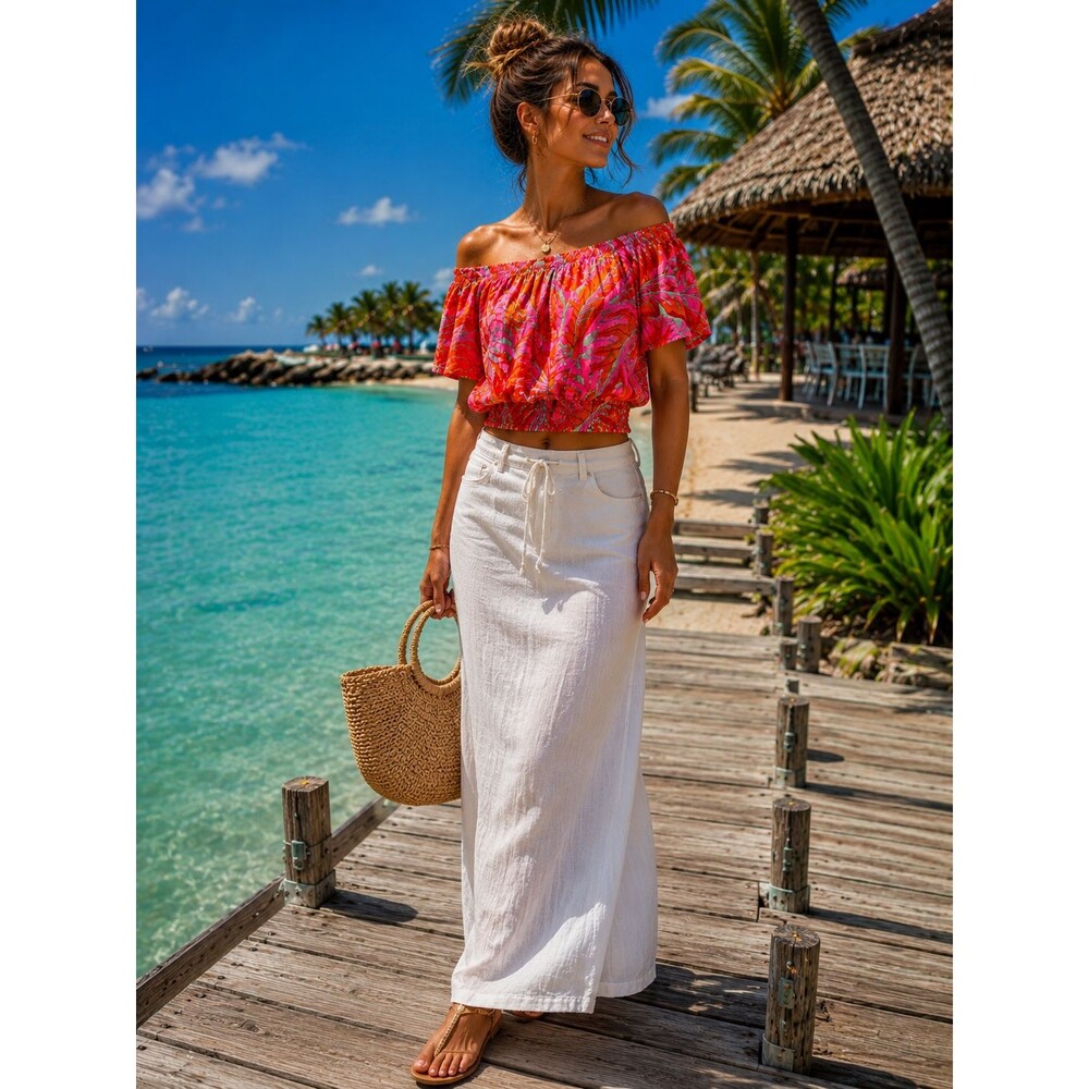 Cynthia Rowley Tropical Off Shoulder Top Boho Resort Vacation Blouse Smocked S